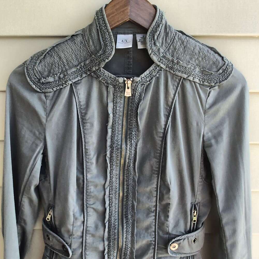 Armani Exchange AX Womens S Gray Moto Jacket Braided Trim Full Zip